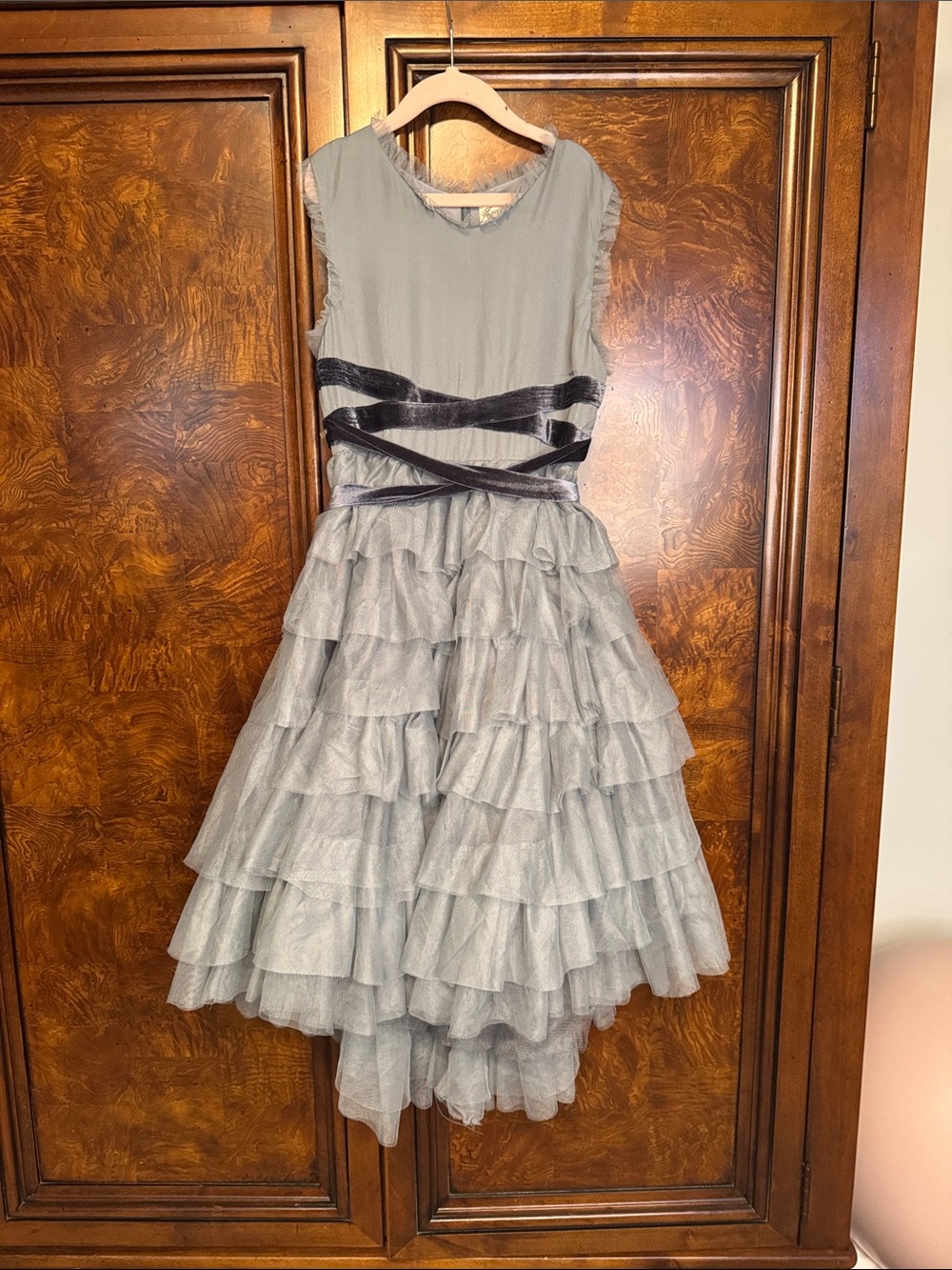 Joyfolie Steel Blue Tiered Tulle Dress with Velvet Wrap Detail